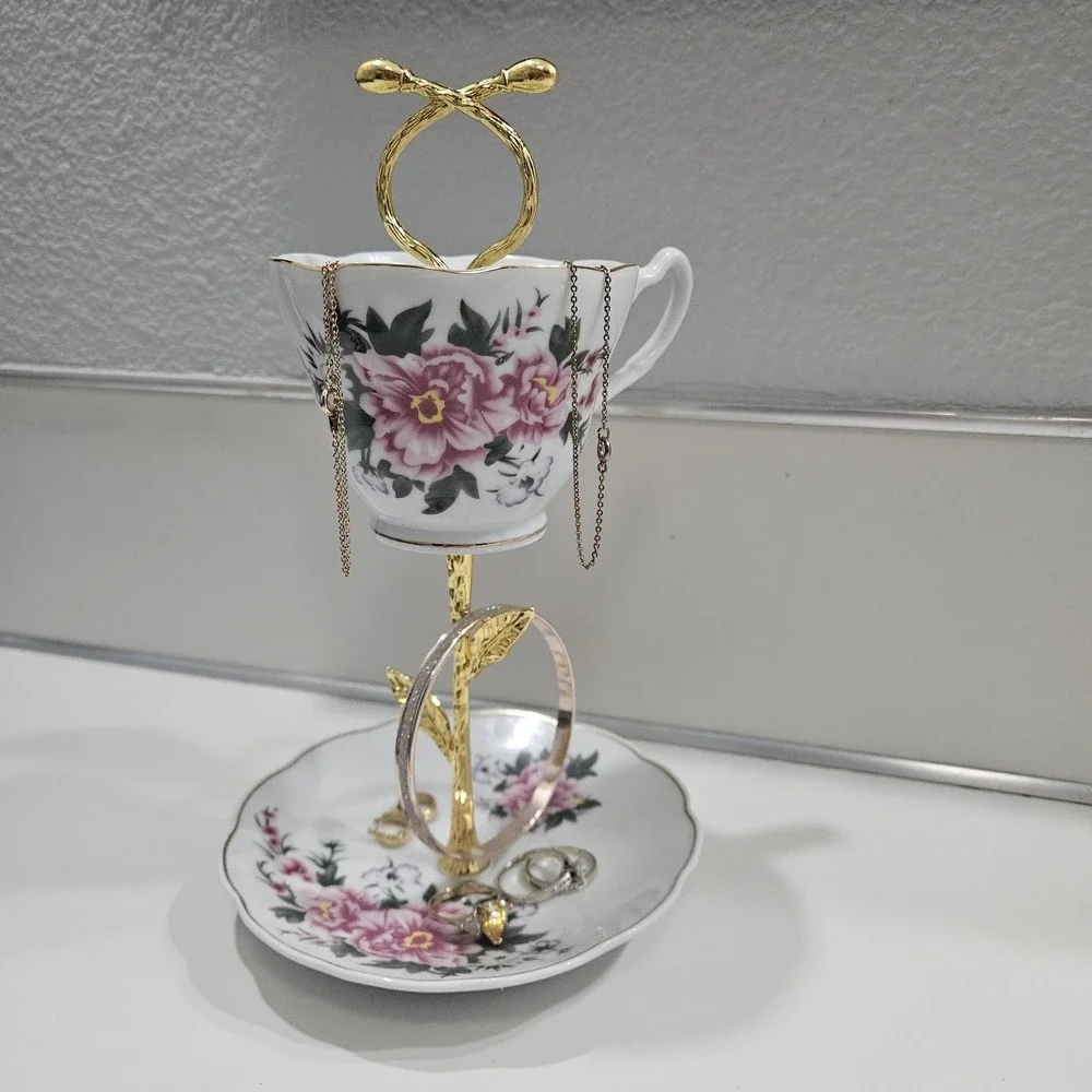Vanity Trinket Jewelry 2 Tiered Tray Re-Purposed Teacup & Saucer